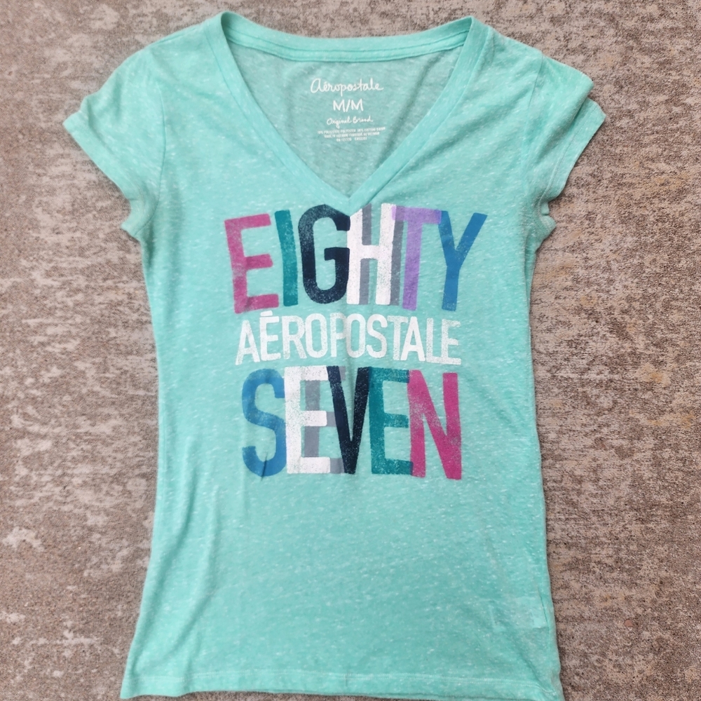 Y2K 2000s Aero Aeropostale Short Sleeve V Neck Teal‎ Blue Colorful T-Shirt, Sz M